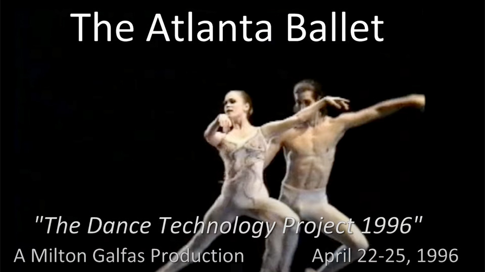Two ballet dancers perform on stage against a dark background in a promotional image for the Atlanta Ballet's Dance Technology Project.
