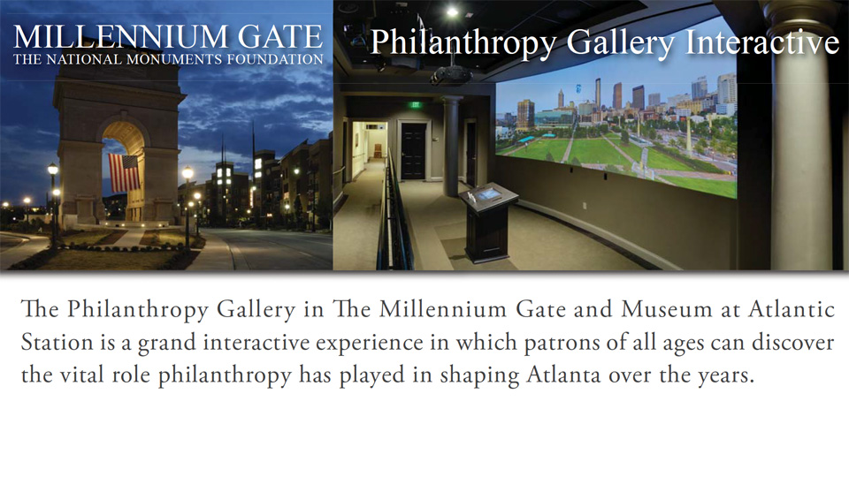 Millennium Gate monument and interactive gallery exhibit featuring a large Atlanta skyline display and informational text about philanthropy.