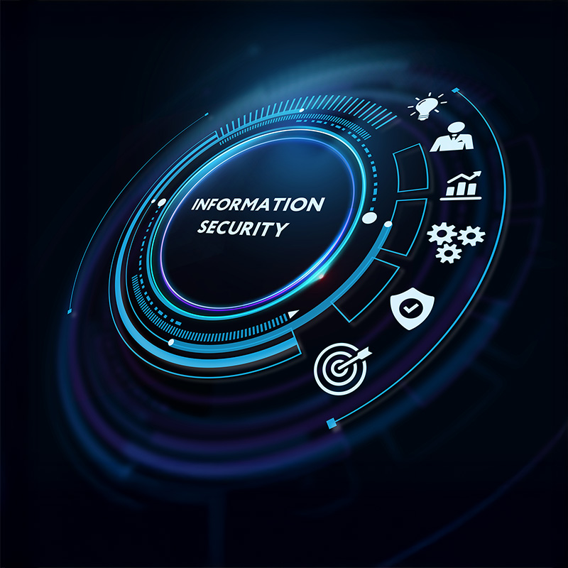 Futuristic circular interface graphic labeled “Information Security,” surrounded by icons representing analytics, protection, and digital systems on a dark background.