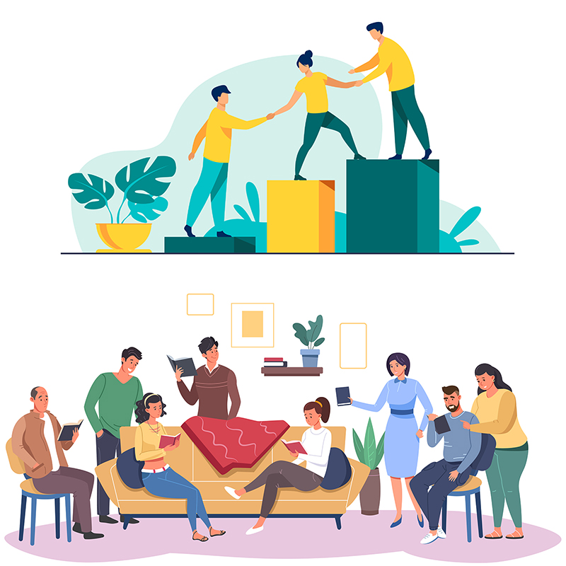 Group of people sit and stand around a couch reading books and using devices, representing shared learning and creative collaboration.