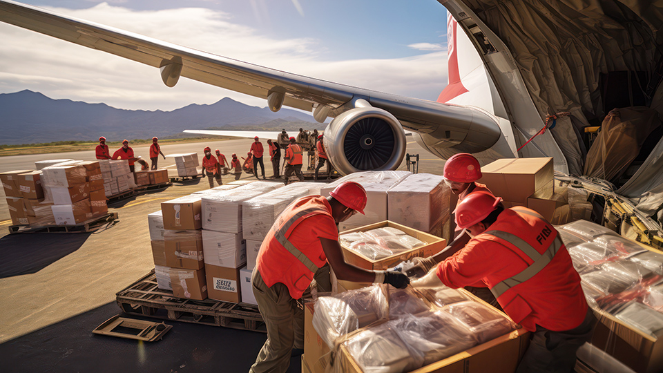 Workers in protective gear load boxes and pallets into a large cargo airplane on a runway, with mountains in the background.