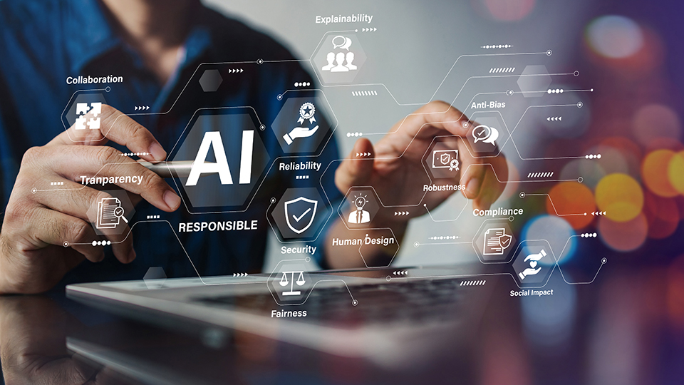 Close-up of hands using a tablet with digital icons and text illustrating responsible AI concepts like transparency, fairness, and security.
