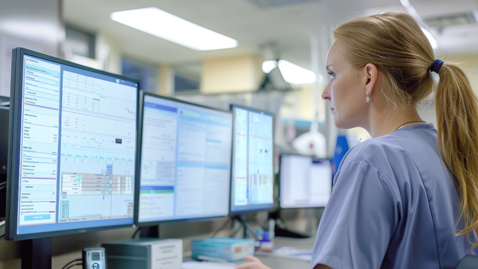 Person reviews data on multiple monitors displaying charts and tables in a clinical or research workspace.