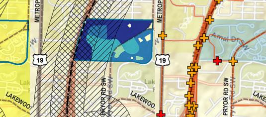 Three-panel GIS map comparison showing layered zoning, flood, and infrastructure data over streets and landmarks.