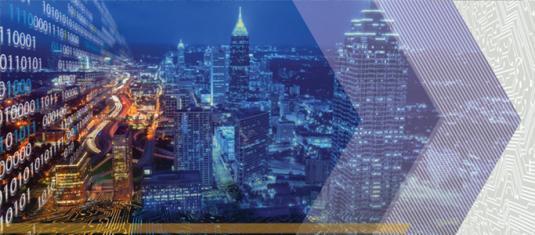 Digital city skyline overlaid with binary code and circuit patterns, representing data analytics and smart technologies.