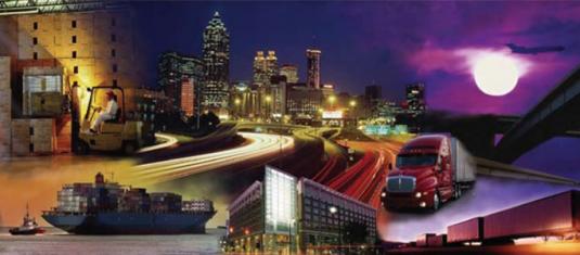 Montage of urban skyline, highways, freight truck, cargo ship, and industrial facilities representing logistics and supply chains.