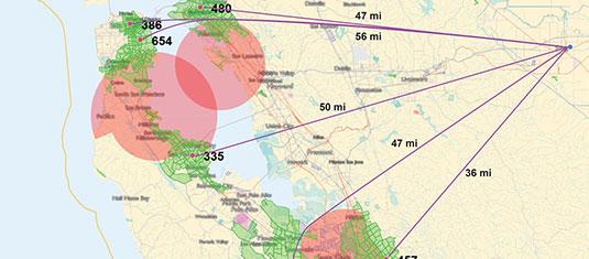 Regional map showing air mobility service areas, flight ranges, and distances connecting multiple locations.