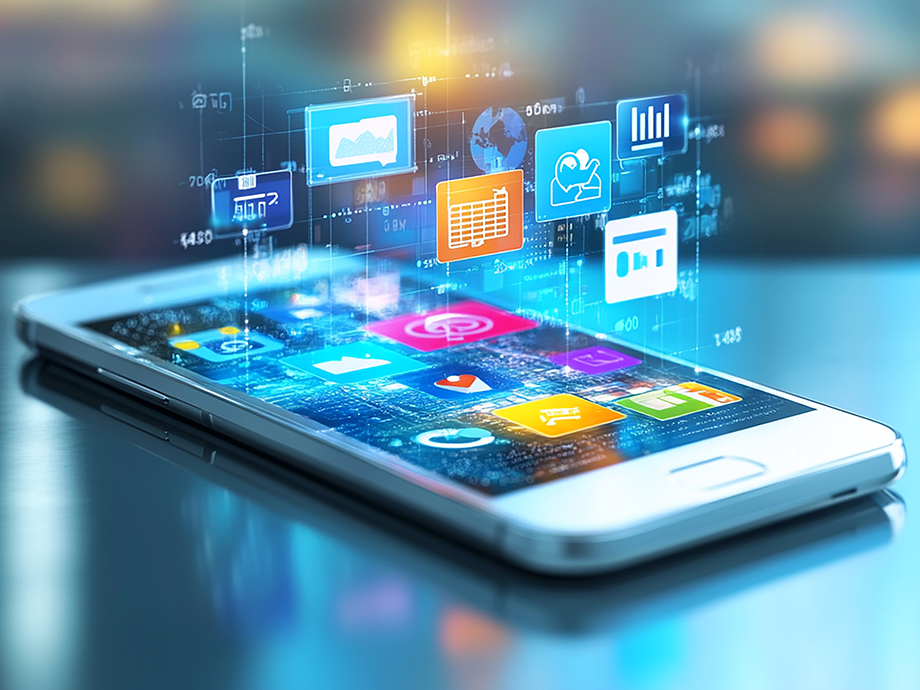 Close-up of a smartphone displaying floating app icons for charts, messaging, calendar, and media, representing digital apps and data interaction.