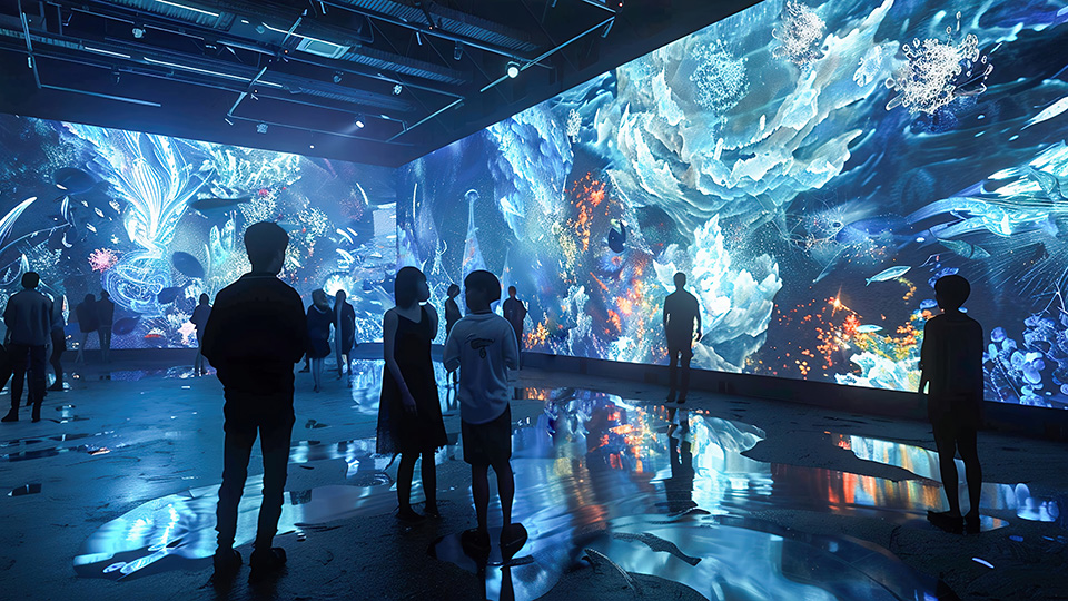 Visitors stand in a dark gallery surrounded by large immersive digital screens showing colorful abstract underwater scenes.