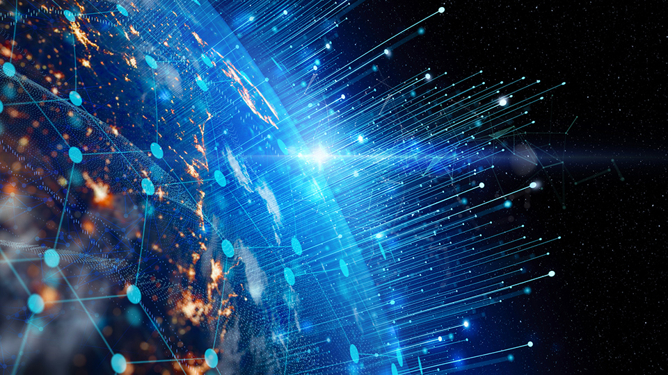 View of Earth from space with glowing data points and streaking lines, illustrating global digital connectivity and data flow.