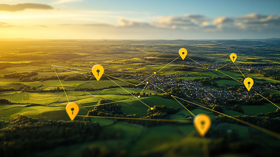 Aerial view of rural landscape at sunset with fields and a small town, overlaid with connected location pins and network lines.