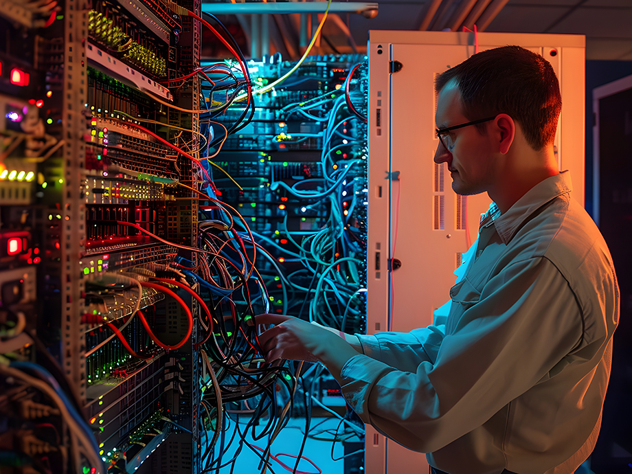 Technician works inside a server room, connecting cables in a rack of network equipment with multicolored wiring and indicator lights.