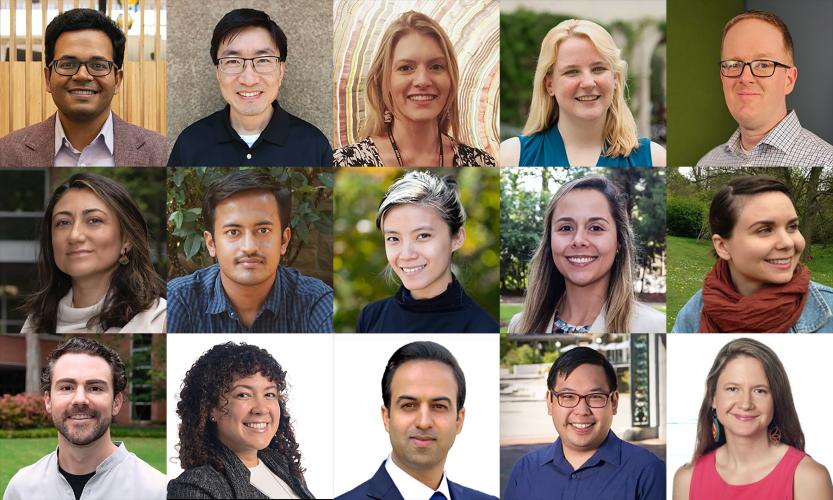 Collage of multiple individual portrait photos arranged in a grid, showing people photographed from the shoulders up in a variety of indoor and outdoor settings. Backgrounds include office spaces, greenery, campus walkways, and neutral studio backdrops, with individuals wearing professional or business‑casual clothing. The images vary in lighting and composition but share a consistent head‑and‑shoulders portrait style.
