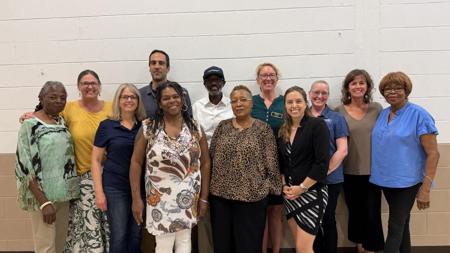 Some of the researchers and coastal community members participating in the study.  Front row: Melanie Pearson and Kasey McClary from Emory University, Semona Holmes from Urbana Perry Park Neighborhood Planning Assembly, and Rachael Thompson from Glynn Environmental Coalition.  Back row: Anita Collins from Urbana Perry Park Neighborhood Planning Assembly, Katy Smith from University of Georgia Marine Extension and Georgia Sea Grant, Noah Scovronick from Emory University, community organizer and activist Jazz 